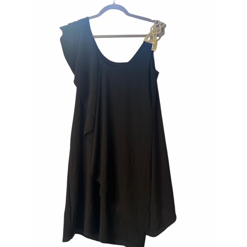 Betsy and Adam Black with Gold One Shoulder - Size 8 - Picture 3 of 9